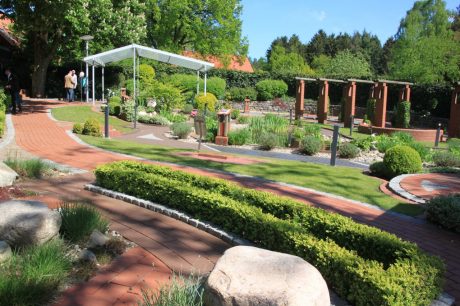 new garden with terca from the plant Bramsche, path with flowers