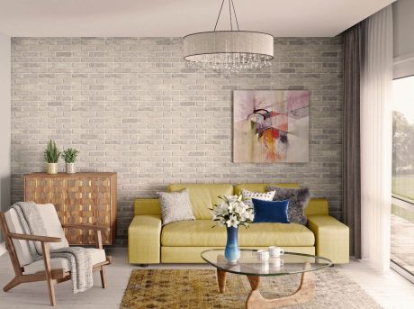 Smoked Branco Brick Slips in a living room setting